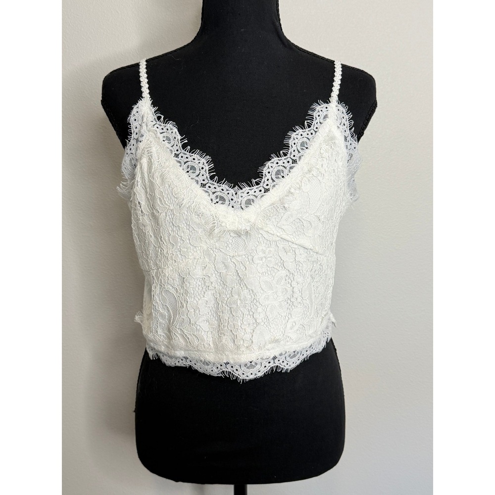 POL White Lace Camisole Crop Top V-Neck Eyelash Trim XL